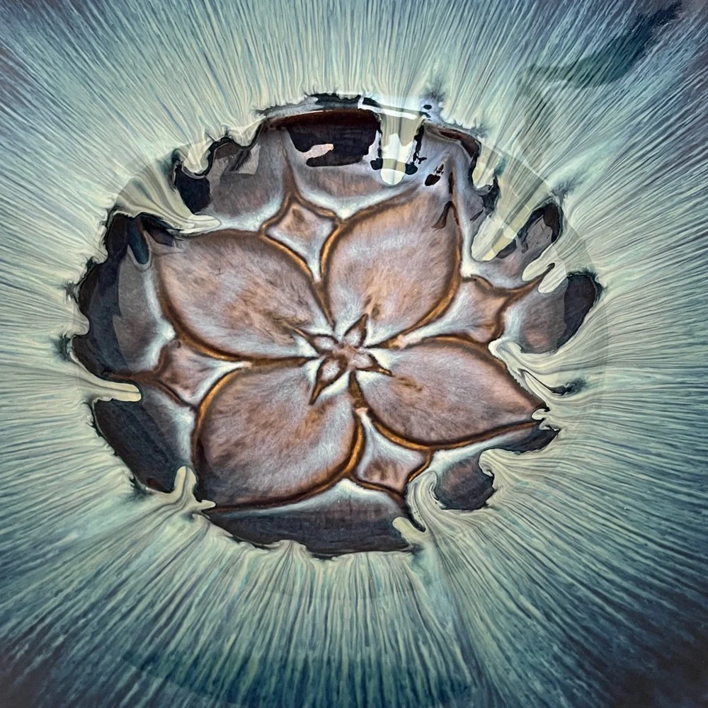 Bill Campbell Art Pottery Blue & Purple Drip Glaze Large Lotus Bowl 13''‎ Signed